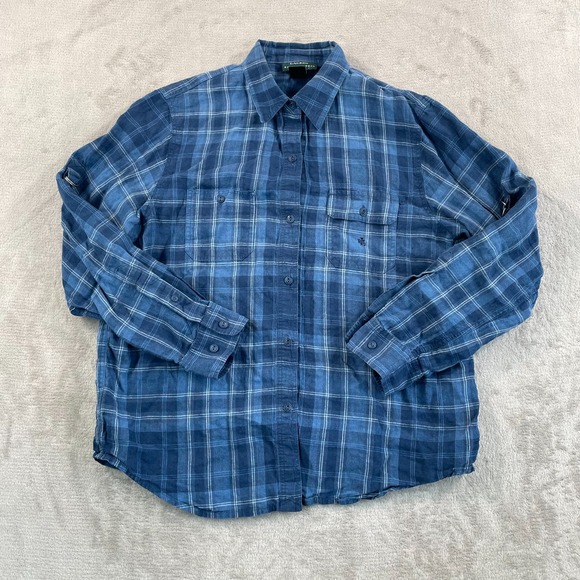 Lauren Ralph Lauren LRL Safari Shirt Women Large Blue Plaid 100% Linen Roll Tab‎ - Picture 2 of 9